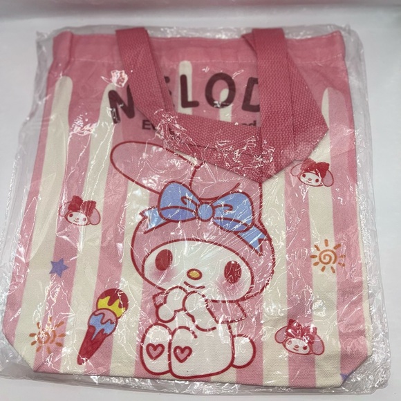 Sanrio Handbags - My Melody & Pochacco Pink and White Striped Tote Bag with Character Design